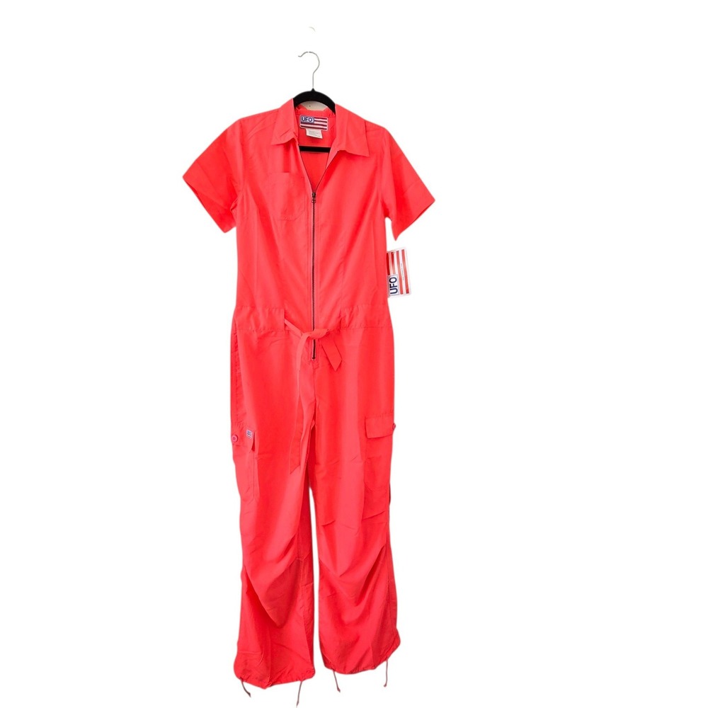 UFO Silky Pit Suit Size L Fluorescent Pink Cargo Jumpsuit Rave Y2K Style 85650